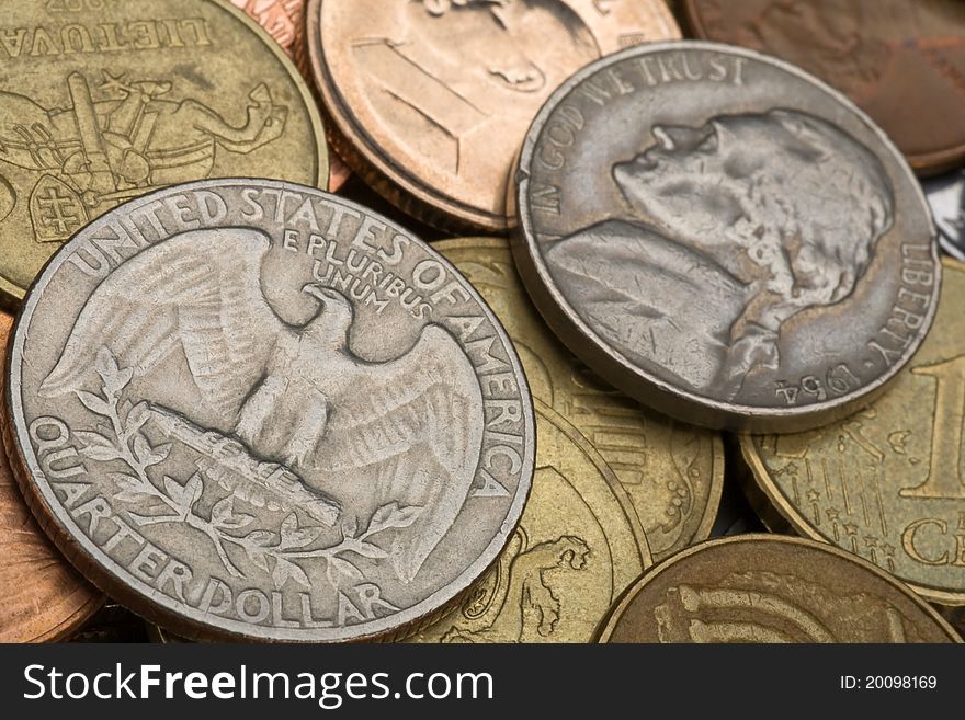 Many old metal coins of different countries of world. Many old metal coins of different countries of world