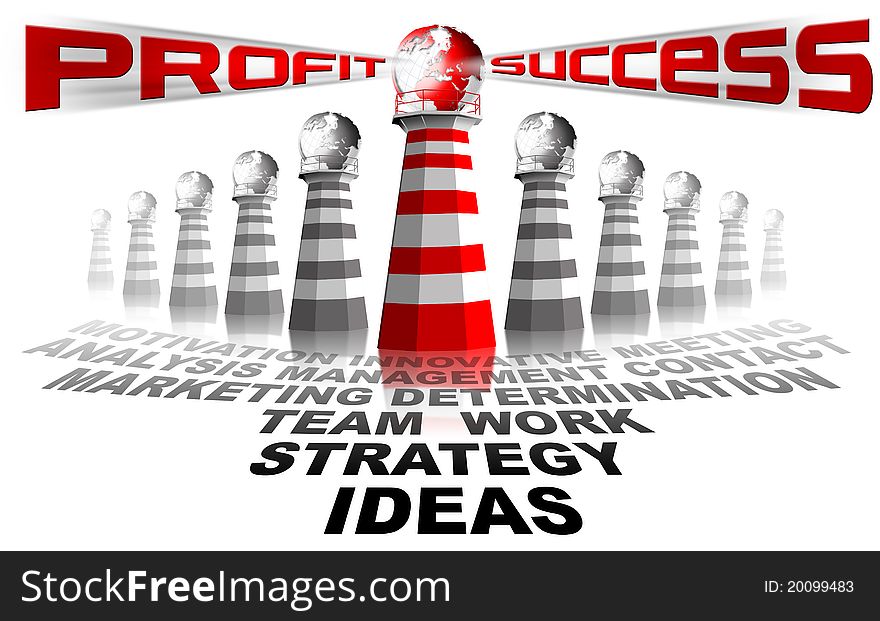 Red and white lighthouse with written profit and success. Red and white lighthouse with written profit and success