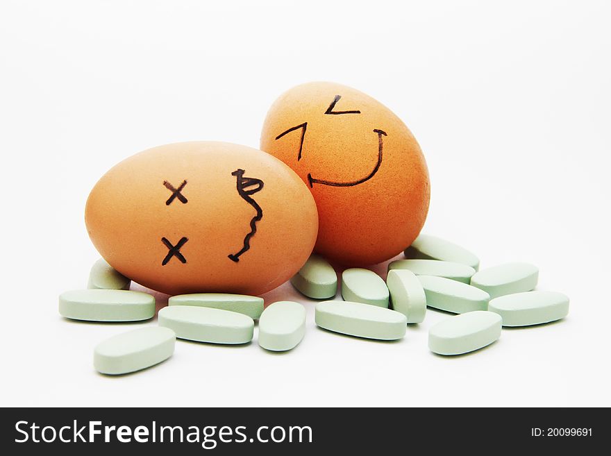 This is a funny representation of two eggs under the influence of pills. Both of them seem to be stoned and passing out. This is a funny representation of two eggs under the influence of pills. Both of them seem to be stoned and passing out.