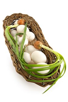 Basket With An Onions And Eggs Stock Image Basket With An Onions And Eggs Stock Image