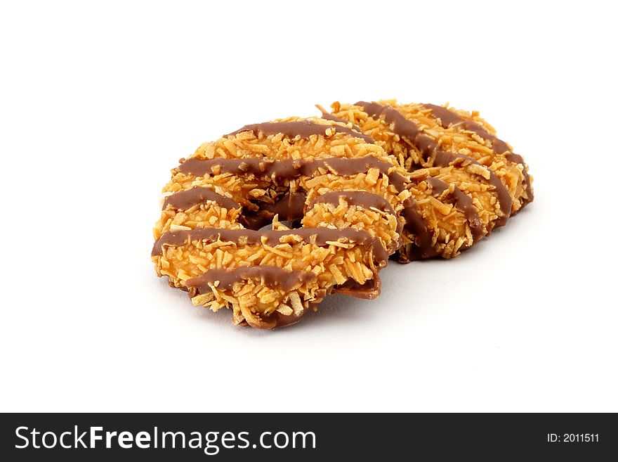 Two coconut and chocolate cookies. Two coconut and chocolate cookies