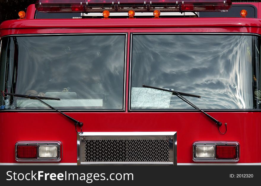 A close up of a red fire truck. A close up of a red fire truck