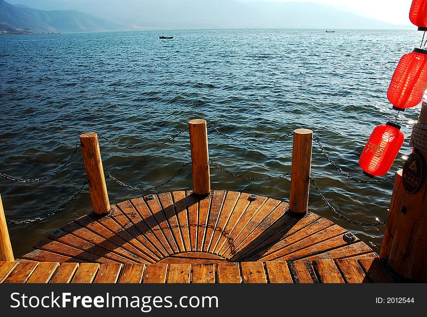 Wood baluster by a lake in Sichuan,west of China