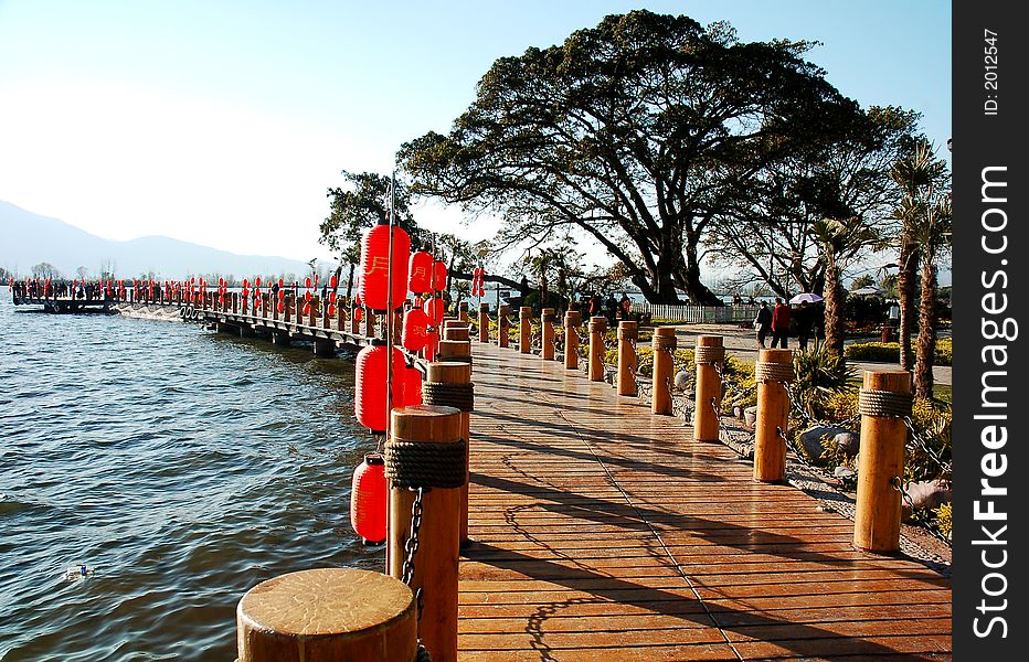 Wood baluster by a lake in Sichuan,west of China