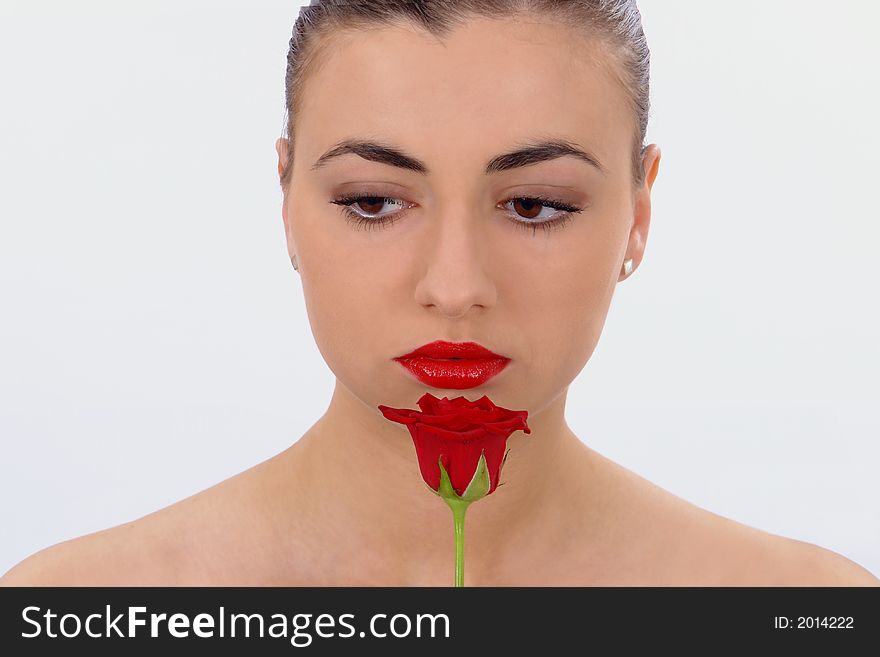 Isolated Portrait Of Beauty With Rose