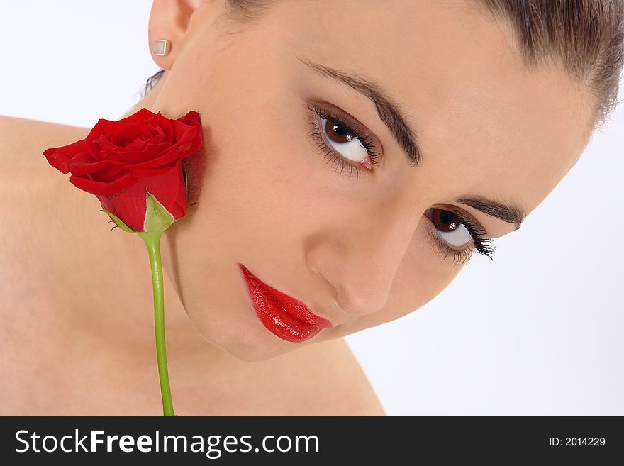 Isolated Portrait Of Beauty With Rose