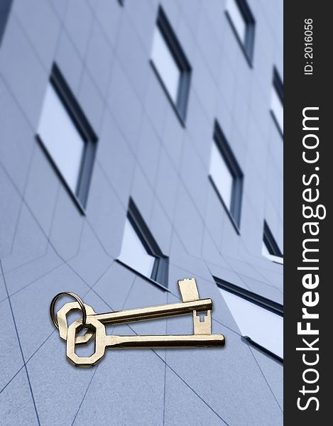 Two keys in front of business building concept