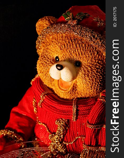 Teddy bear in winter, on black background
