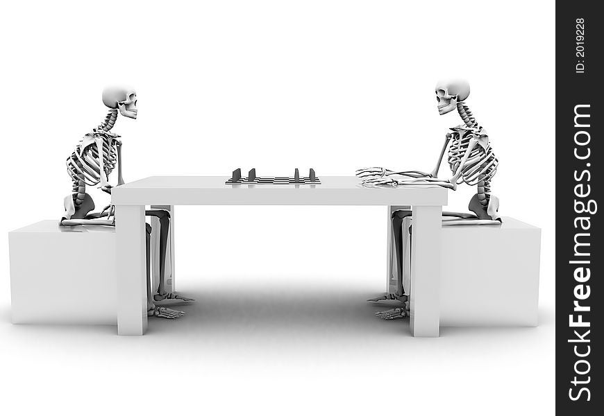 3d rendered skeletons are playing a game of chess. 3d rendered skeletons are playing a game of chess