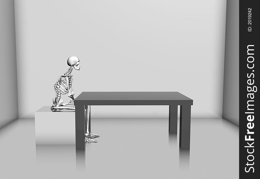 A skeleton is sitting in a 3d rendered room. A skeleton is sitting in a 3d rendered room