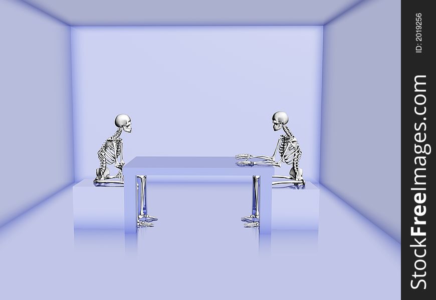 Two 3d rendered skeletons are sitting in a room. Two 3d rendered skeletons are sitting in a room