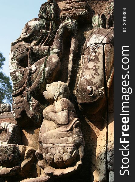 Angkor Wat, Cambodia: bas relief at Angkor Thom, part of the Angkor Wat temple complex in Cambodia.