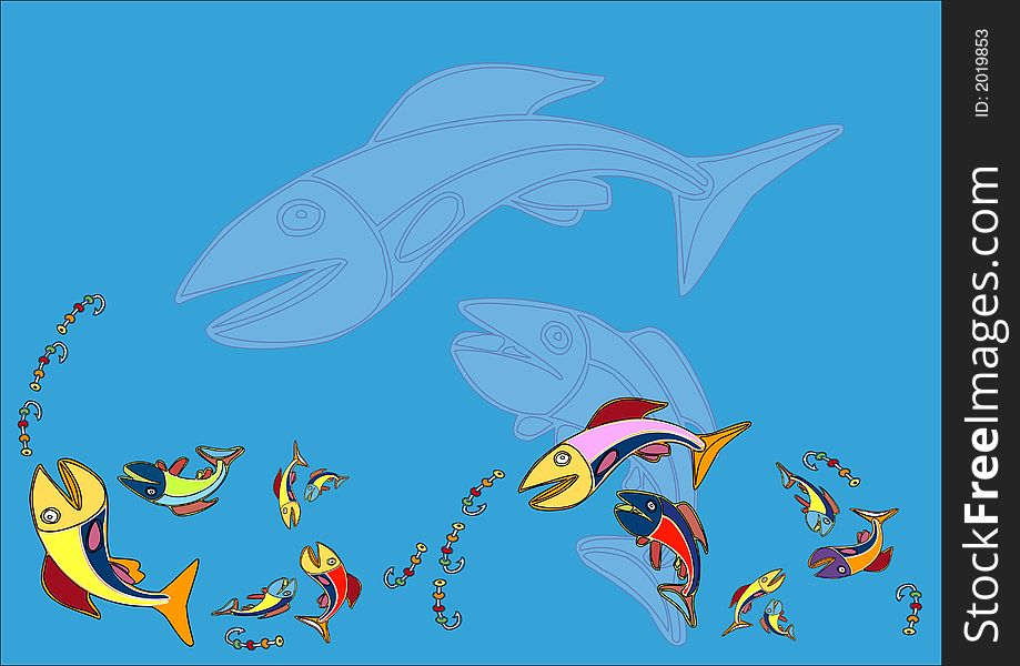 Crazy Fishes - Multi-coloured small fishes on a blue background