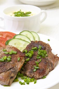Grilled Steak With Fresh Vegetables In White Plate Royalty Free Stock Image
