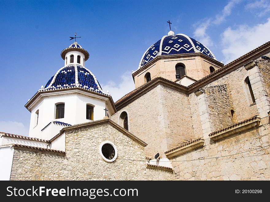 Church with blue tiled domes in Altea in Spain