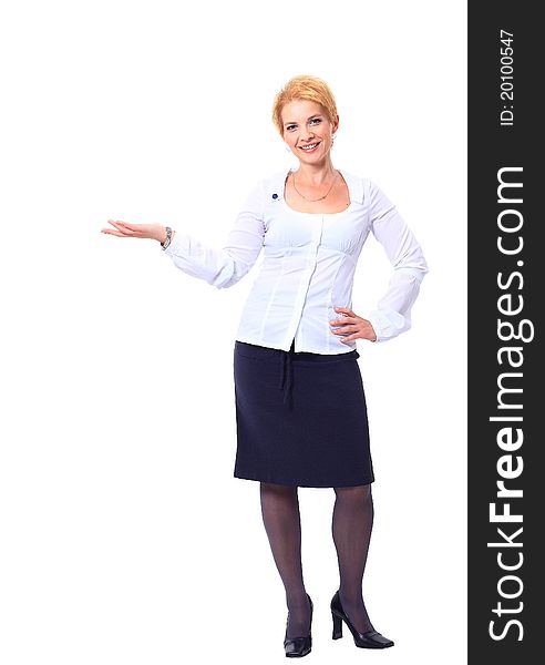 Woman presenting hand on white background. Woman presenting hand on white background