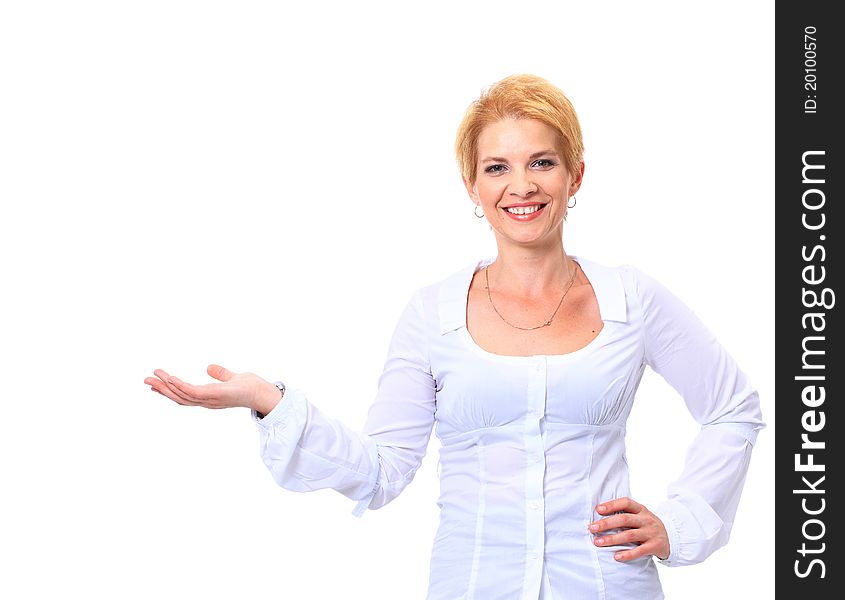 Woman presenting hand on white background. Woman presenting hand on white background