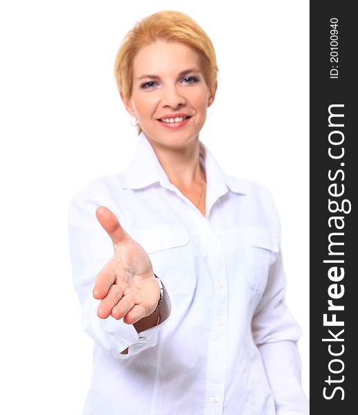 Portrait of a smart woman stretches out her hand to shake hands isolated on white background. Portrait of a smart woman stretches out her hand to shake hands isolated on white background