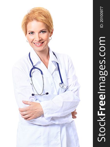 Attractive lady doctor in white lab coat with stethoscope around shoulders. Attractive lady doctor in white lab coat with stethoscope around shoulders