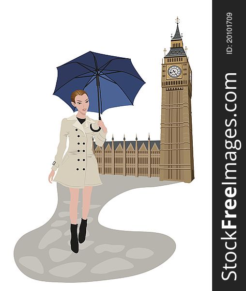 Illustration of Big Ben tower and a woman with an umbrella. Illustration of Big Ben tower and a woman with an umbrella