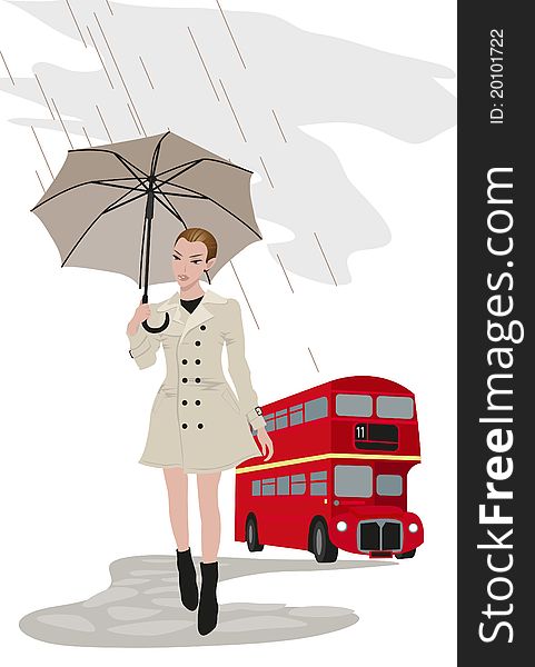 Illustration of London buses and a woman with umbrella. Illustration of London buses and a woman with umbrella