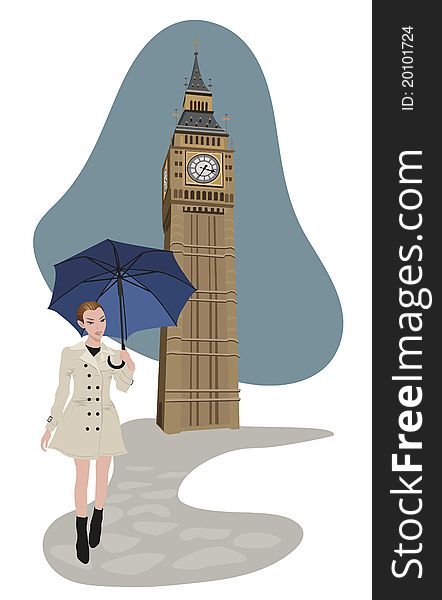 Illustration of Big Ben tower and a woman with an umbrella. Illustration of Big Ben tower and a woman with an umbrella