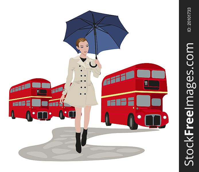 Illustration of London buses and a woman with umbrella. Illustration of London buses and a woman with umbrella