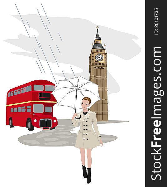 Illustration of Big Ben tower, London bus and a woman with an umbrella. Illustration of Big Ben tower, London bus and a woman with an umbrella