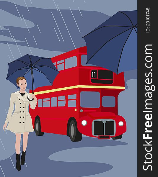 Illustration of London buses and a woman with umbrella. Illustration of London buses and a woman with umbrella