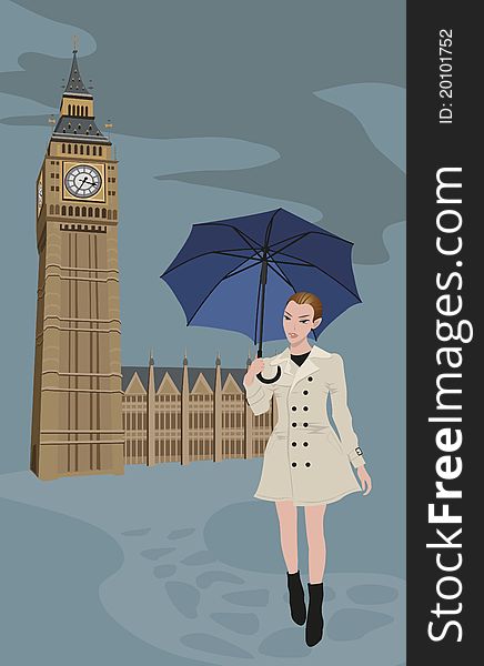 Illustration of Big Ben tower and a woman with an umbrella. Illustration of Big Ben tower and a woman with an umbrella