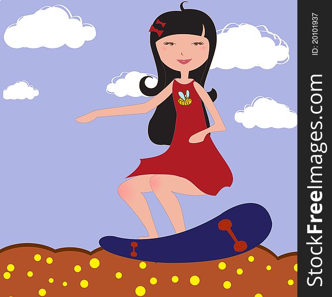 Vector Illustration of funky Young girl riding skateboard