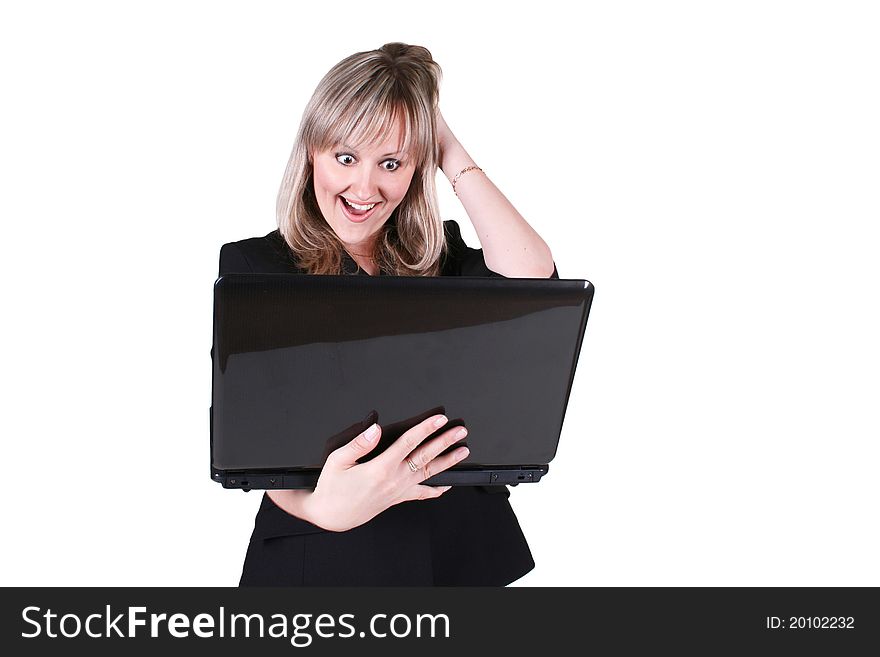 Pretty blond businesswoman holding notebook