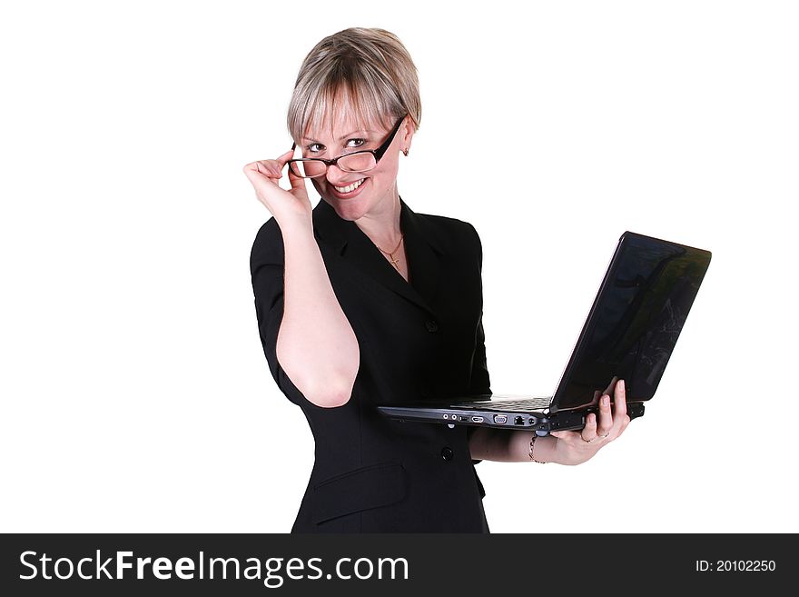 Smiling blond businesswoman holding notebook