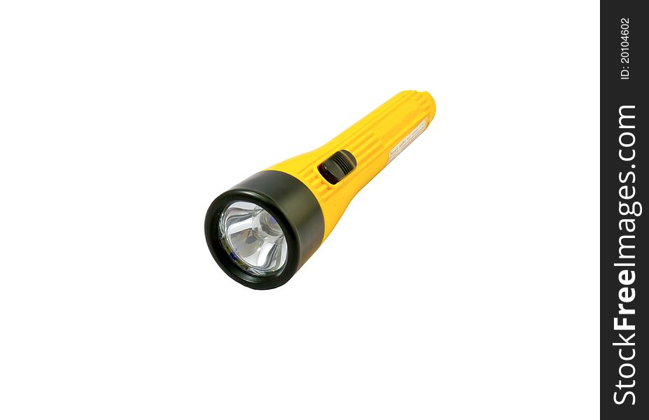 Yellow flashlight isolated on white background.