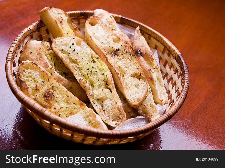 Garlic crusty bread in a basket