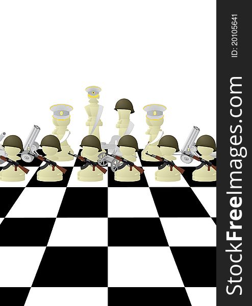 Chessmen styled soldiers and military equipment. Illustration on the background of a chessboard. Chessmen styled soldiers and military equipment. Illustration on the background of a chessboard.