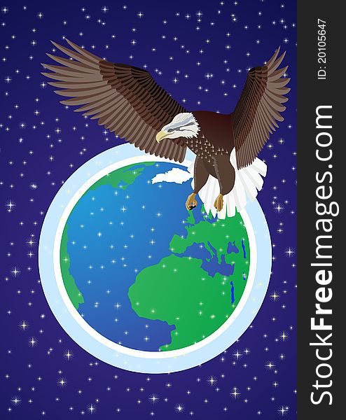 Flying eagle on a background of the Earth and the starry night sky. Flying eagle on a background of the Earth and the starry night sky