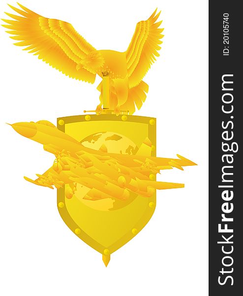 Air Force. Badge with an eagle holding a sword, shield, and military aircraft. Air Force. Badge with an eagle holding a sword, shield, and military aircraft.
