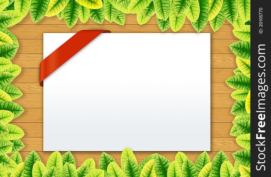 Blank Paper on wood and Green leaves synthesis background template