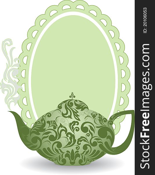 Green teapot with a beautiful ornament and clouds of steam