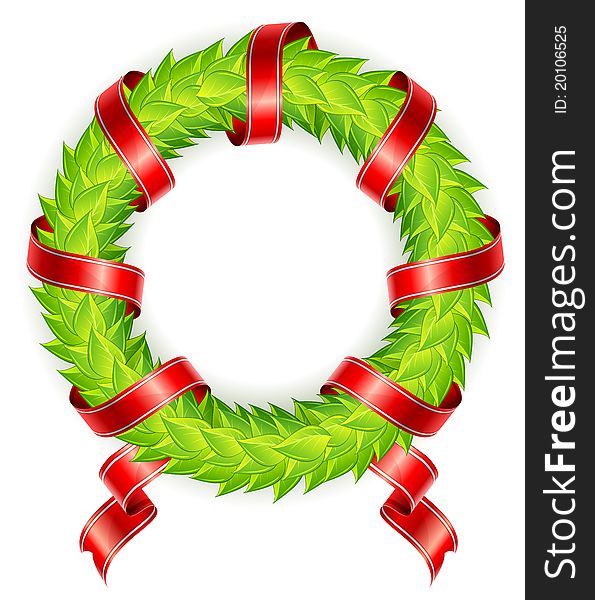 Round wreath of green laurels with ribbon on white background illustration. Round wreath of green laurels with ribbon on white background illustration