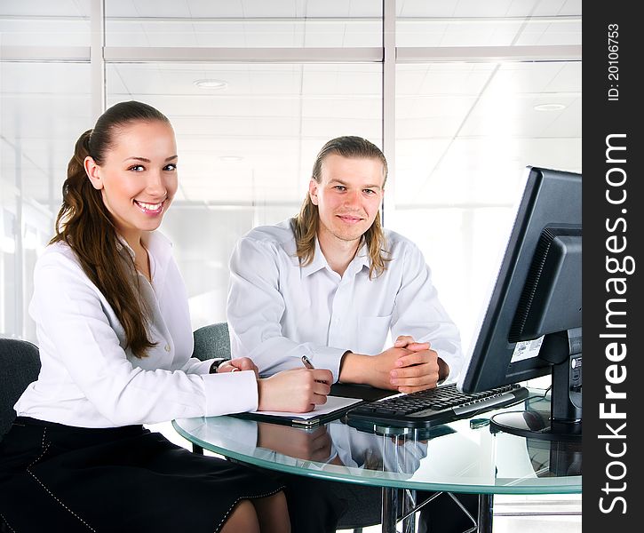 Two business people working in team on the office