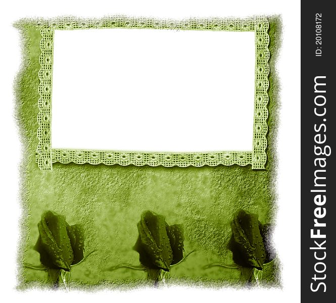 Green floral background isolated old, empty frame with lace. Green floral background isolated old, empty frame with lace