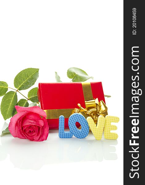 Red Rose, Gift Box And The Text LOVE