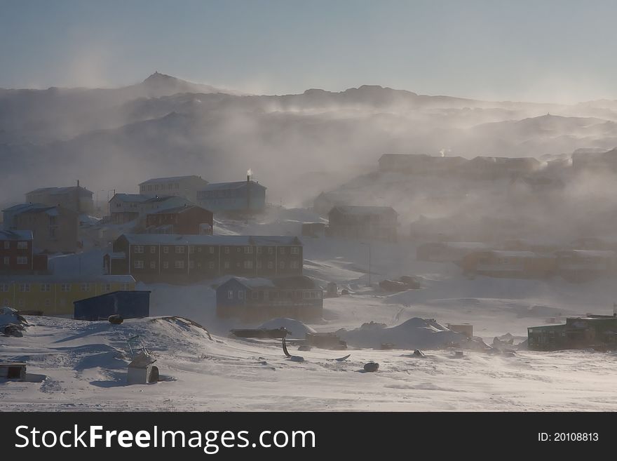 Drifting snow in Arctic storm, Ilulissat, Greenland
