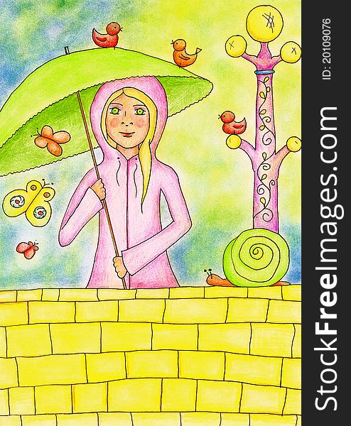 Girl in the rain. Hand drawn illustration made with colour pencils. Girl in the rain. Hand drawn illustration made with colour pencils.