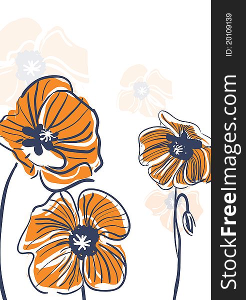 Abstract brown  background with drawing orange popies. Abstract brown  background with drawing orange popies