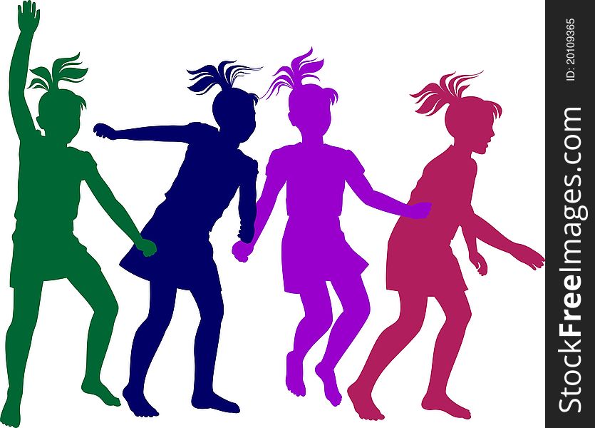 Colorful silhouettes of girls playing