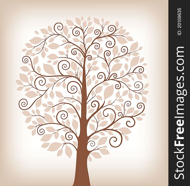 High stylized tree with sheet and curlicue on brown background