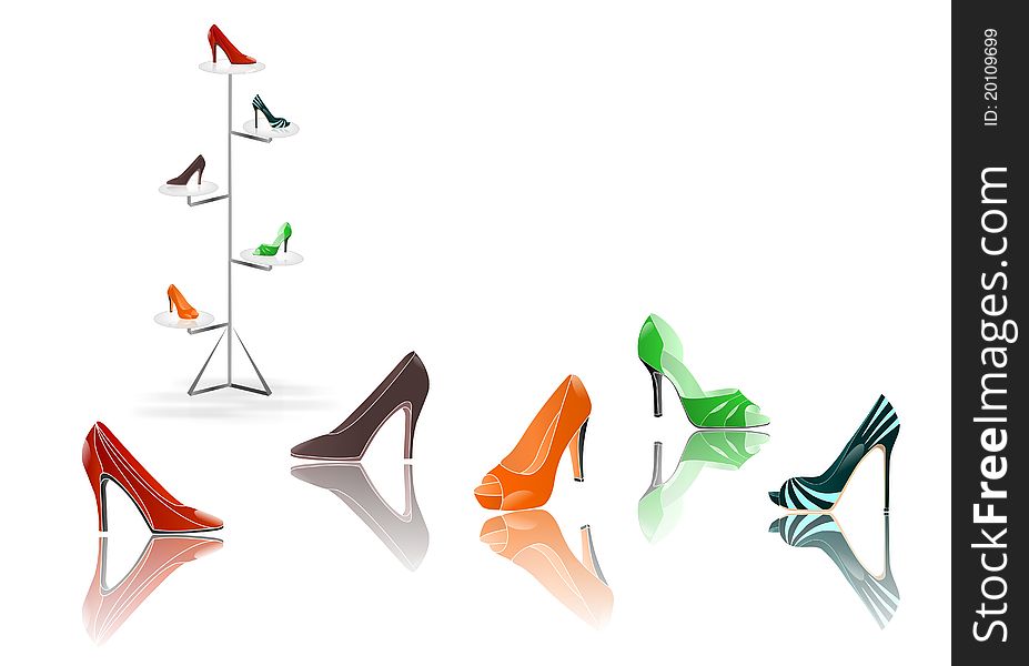 Set of woman elegant shoes reflected, vector format. Set of woman elegant shoes reflected, vector format